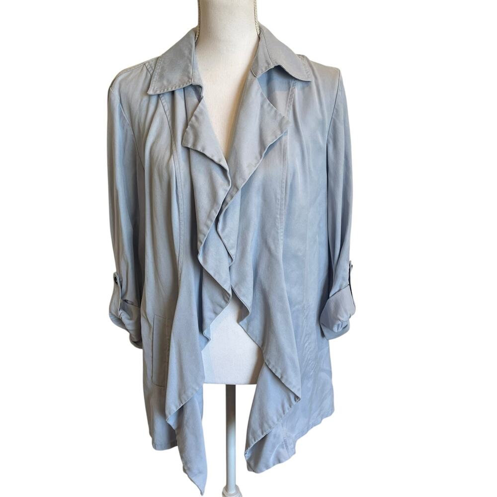 Chico's Jacket Size 2 Large 12/14 Blue Drawstring Long Drape Open Collar